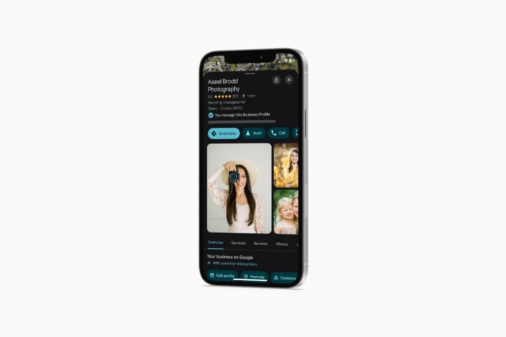 Smartphone showing 5-star Google reviews for an event photographer.